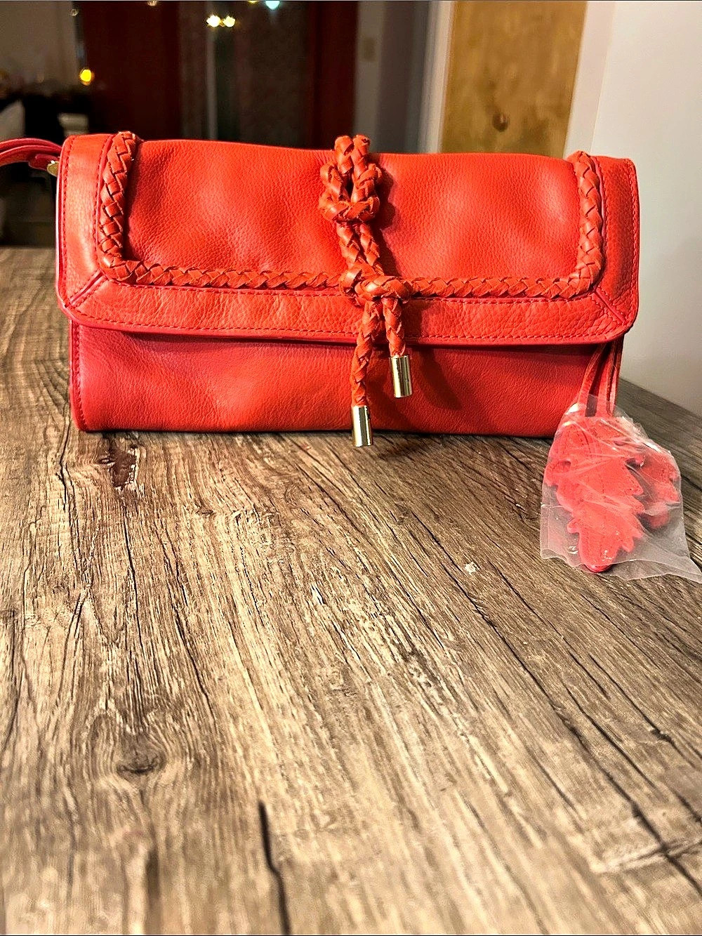 Tommy Bahama Red Leather Braided Tassel Clutch Wristlet
